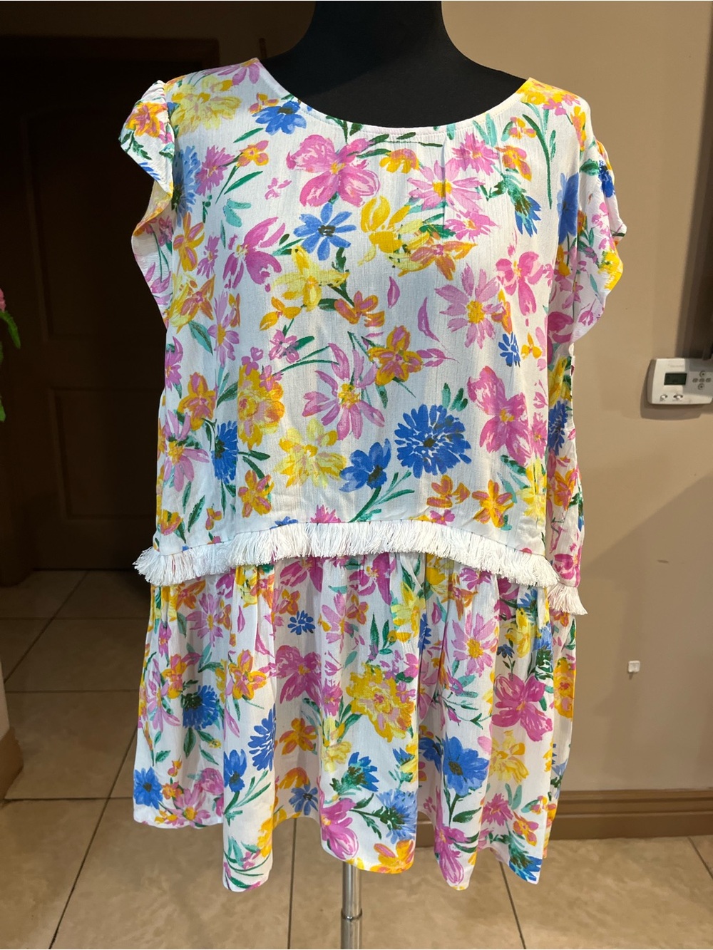 Floral Summer Blouse- White with Pink, Blue & Yellow Flowers - Picture 2 of 6